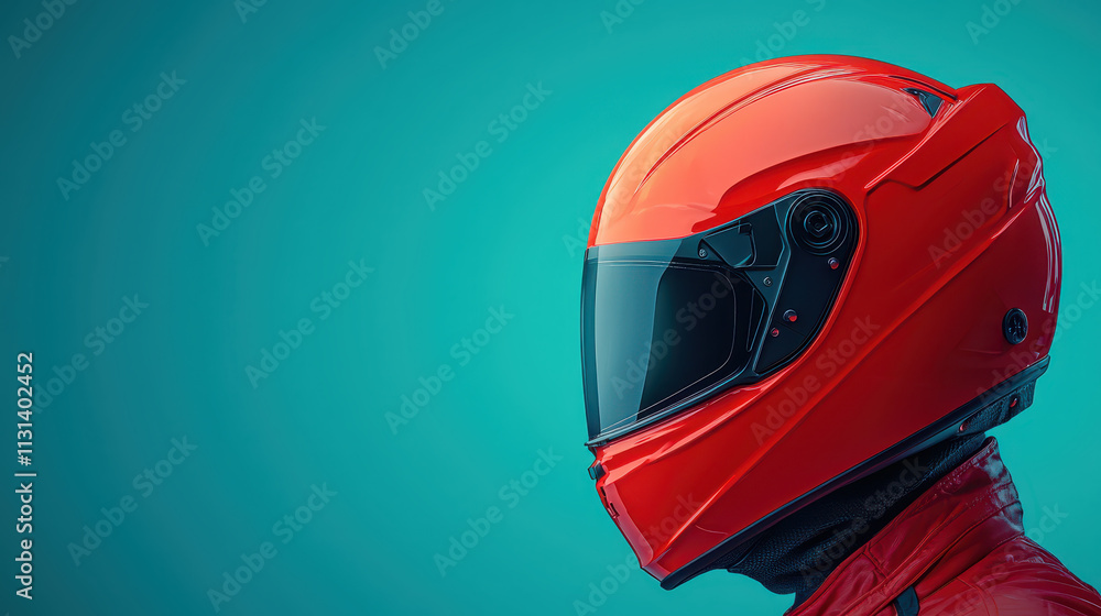Fototapeta premium striking red racing helmet against vibrant blue background, showcasing sleek design and modern features
