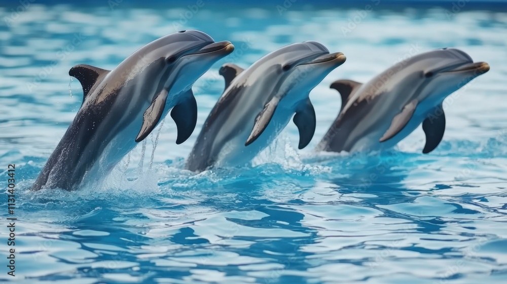 Fototapeta premium Watercolor texture and vibrancy, Dolphins leap gracefully above the water's surface, showcasing their agility and playful nature in a vibrant blue pool.