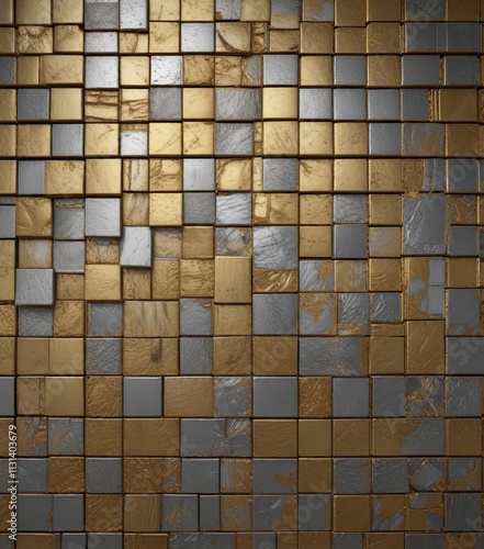 A wall composed of intricately arranged gold and silver squares in a mosaic pattern , gold, metallic photo