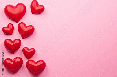 Background with red hearts of various sizes on the left edge isolated on a pink background.