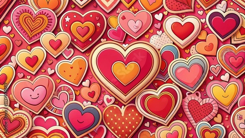 Charming vintage heart stickers for Valentine’s Day, featuring retro 70s and 80s cartoon illustrations in vibrant pink and red hues. Perfect for expressing love!