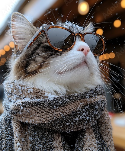 Stylish cat in sunglasses enjoys snowy weather at cozy outdoor  embracing winter vibe with humor and fashion photo