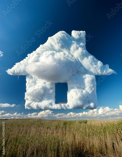 Fluffy white clouds mimic the silhouette of a charming house against a brilliant blue sky. This enchanting sight invites daydreams as warm sunlight casts a glow over a swaying field