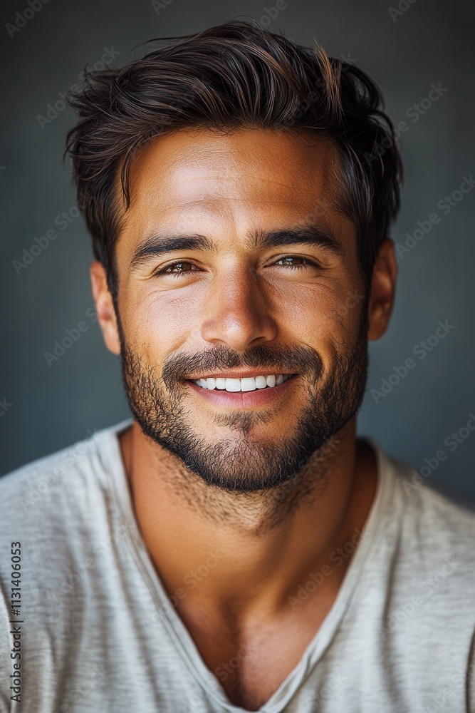 Fototapeta premium Smiling man with dark hair and beard wearing a casual gray shirt against a muted background enjoying a moment of happiness
