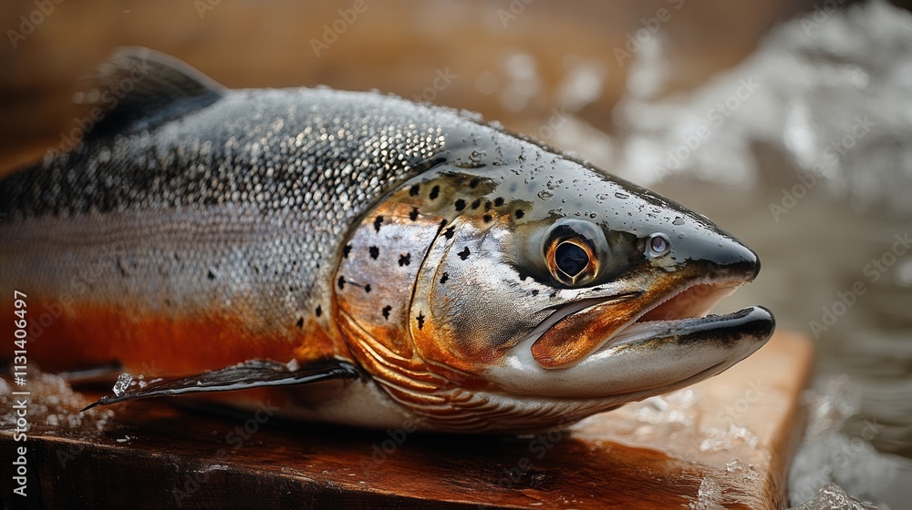 Obraz premium Freshly caught trout resting on wooden board with water droplets glistening under soft light in a serene fishing environment