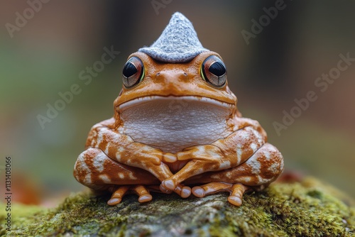 Adorable orange frog wearing a tiny grey hat, sitting on mossy rock.  Perfect for nature, animal, or humor themes. photo