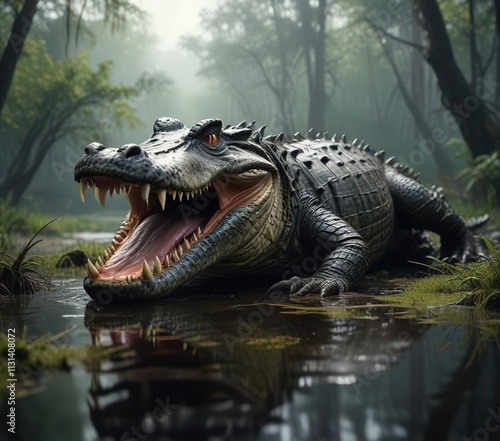 A massive alligator with open jaws displayed on a murky swampy background, nature, swamp photo