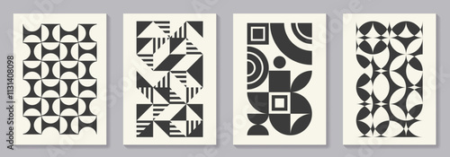 Retro set of black and white geometric vector pattern minimal posters with 20s geometric design. Trendy bauhaus pattern background for cover design, poster and interior.