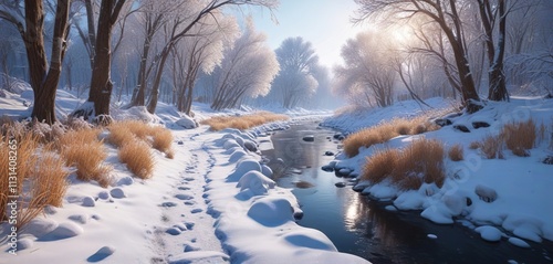 A path flanked with reeds and covered in snow with a frozen river running alongside it and snow-covered trees on the other side, snowy reed path, snowy trail photo