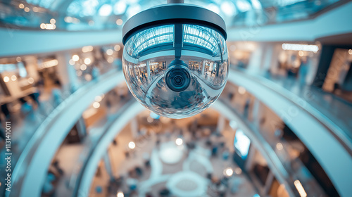 Overhead dome surveillance camera with a fisheye lens perspective, capturing an expansive view of an open indoor mall, soft ambient lighting