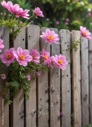 Blurred pink anemone flowers on a wooden fence , natural texture, flowers, ranunculaceae photo