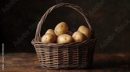 Rustic wicker basket filled with fresh potatoes on wooden surface.