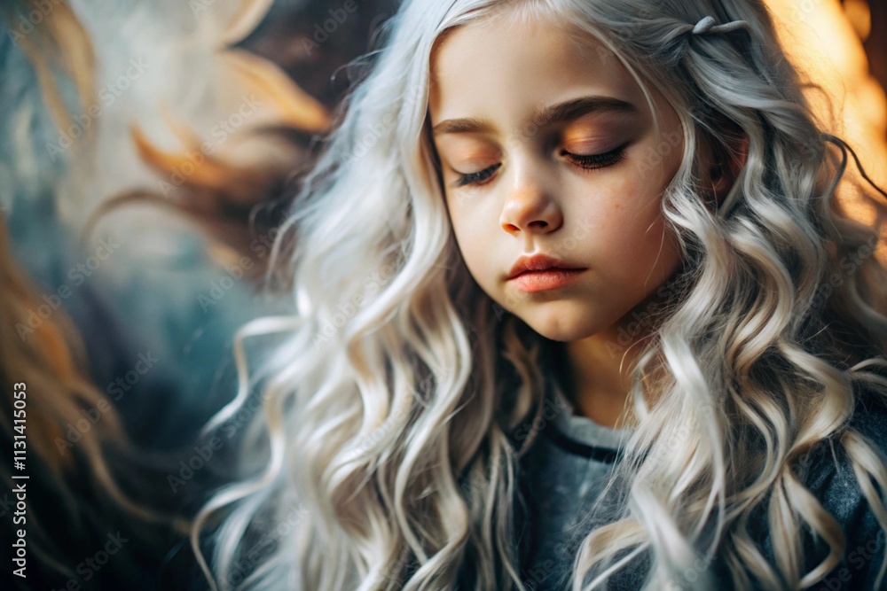 Naklejka premium Portrait of a beautiful little blonde girl with long wavy hair and a thoughtful look. The hair develops and creates a feeling of lightness and naturalness.
