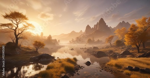 A soft, golden mist ascends from the depths of a serene landscape, imbuing the surroundings with an air of tranquility , misty, golden, atmospheric photo