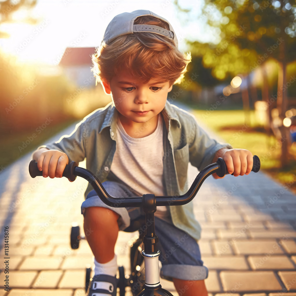 Obraz premium A child rides a blue bicycle with training wheels on a sunlit path