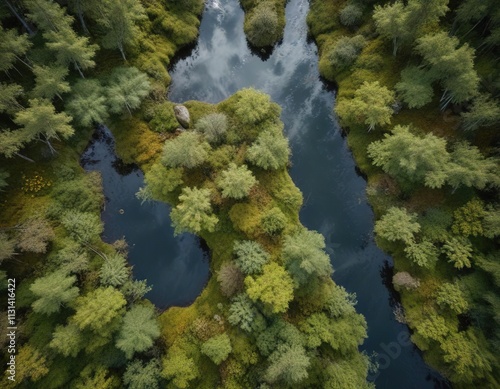 Bird's-eye view of a forest with a thin sheet of water flowing over it, reflecting the surrounding leaves and moss , wildlife, Forest photo