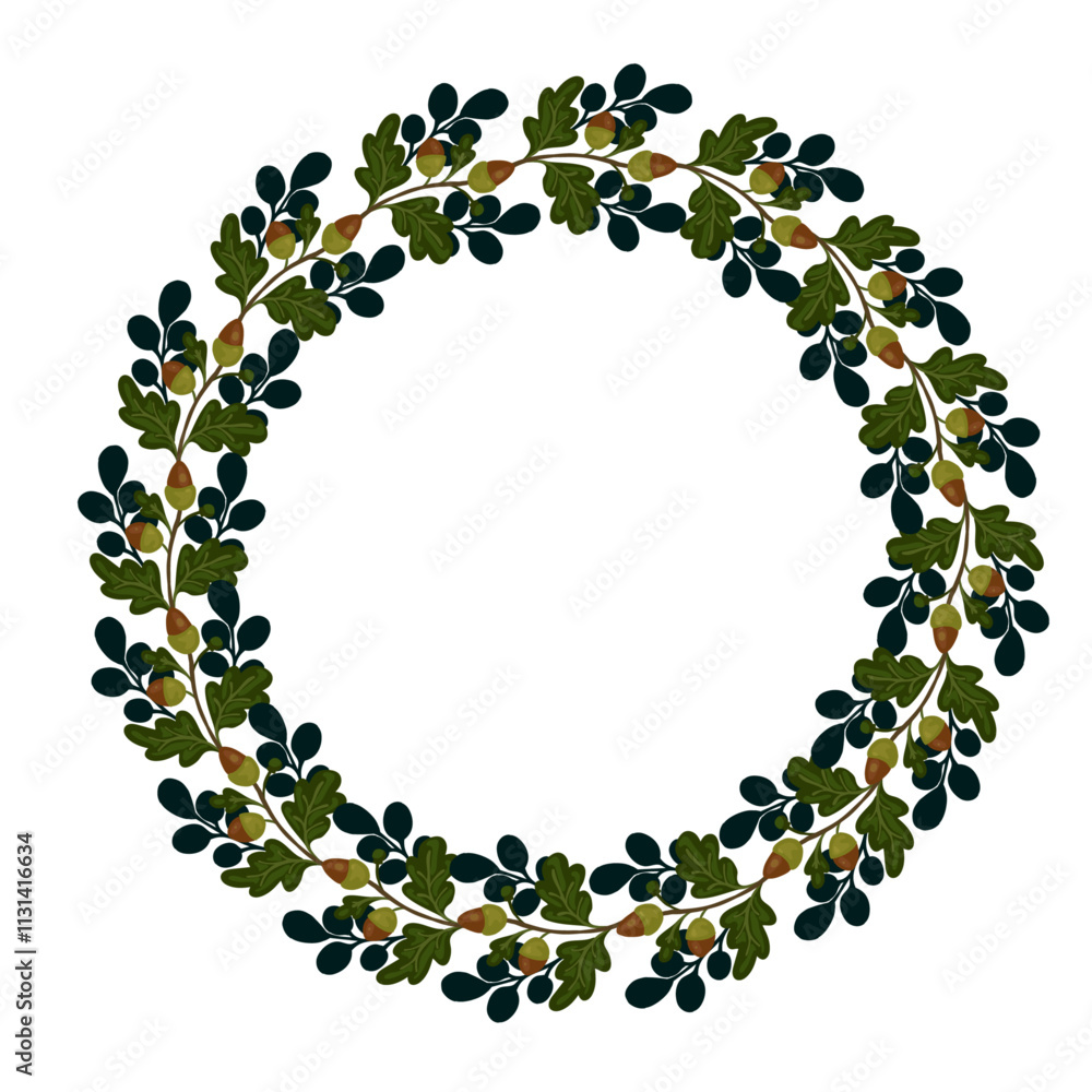 Fototapeta premium Round botanical frame with branches and autumn oak tree leaves and acorns.Vector graphics.