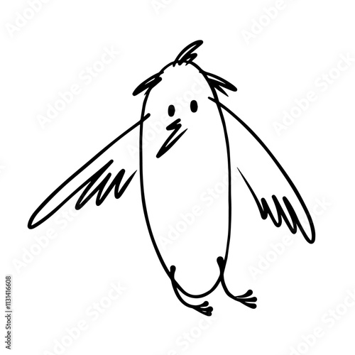 Decorative doodles of a funny little bird character. Vector graphics.