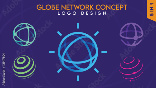 Globe Circle Logo Design. Network Concept. 5 in 1