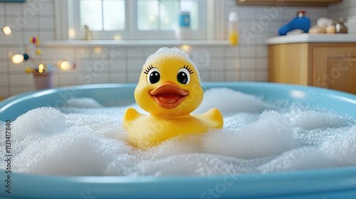 Close-up of a yellow rubber duck in a bathtub full with foam