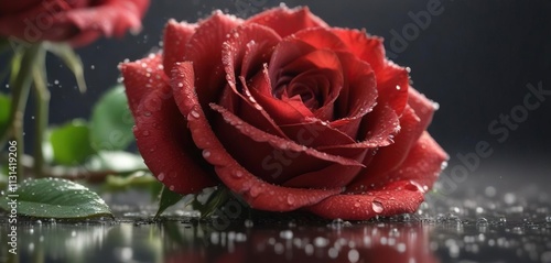 A drizzle of dew drops glisten on the delicate petals of the red rose, adding a touch of whimsy , dew drop, glisten photo