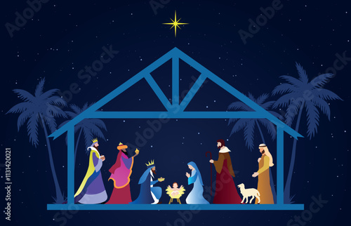 Christmas Nativity scene background. The Adoration of the Magi. Vector illustration EPS10.