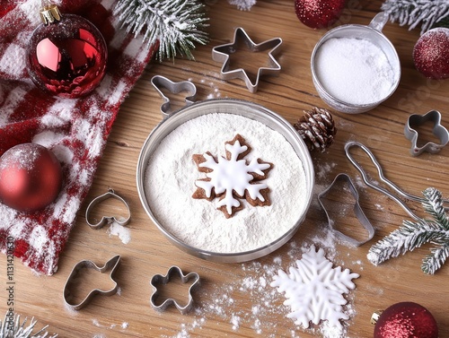 Christmas Cookie Baking Preparation: Festive Snowflake Gingerbread and Baking Utensils photo