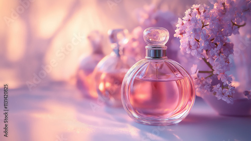 Fresh spring romantic image, stylish transparent glass perfume bottles. Stylish perfumeries banner. Generative AI.