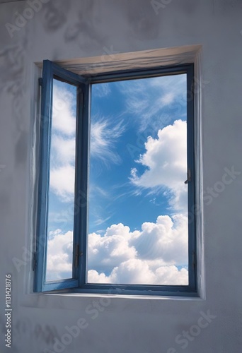 blue window with wispy cirrus clouds drifting by, wispy clouds, misty atmosphere, light blue glass