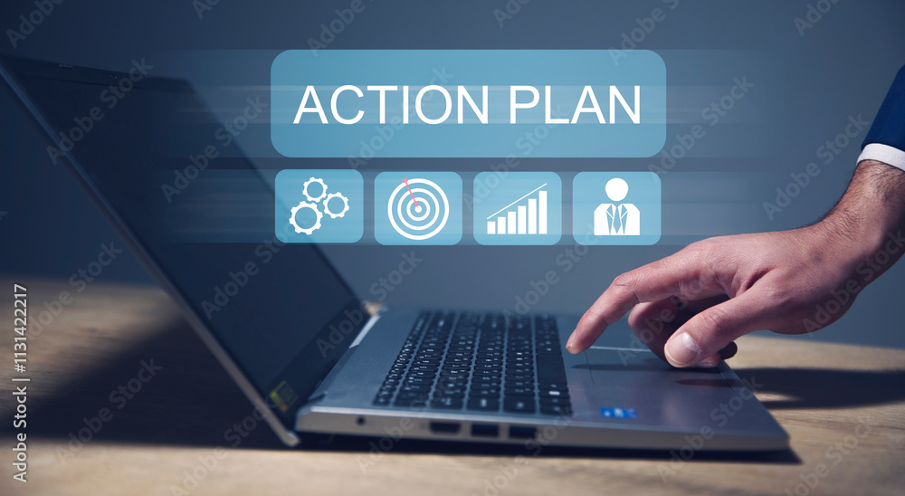 Action plan concept. Person touching virtual screen Action plan concept. Person touching virtual screen