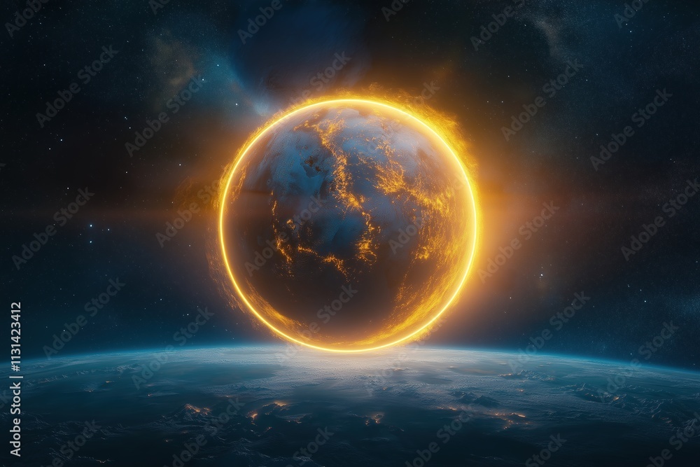 Obraz premium Neon planet shines in the cosmos, surrounded by a vast starry expanse and reflecting its glow on a glossy surface