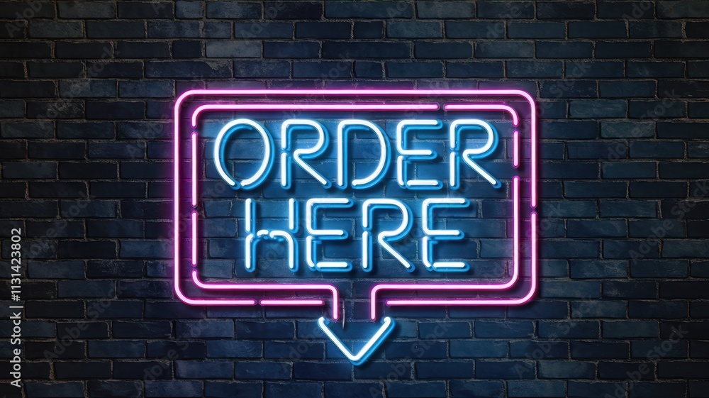 Fototapeta premium Neon ORDER HERE sign in pink and white on a dark blue brick wall