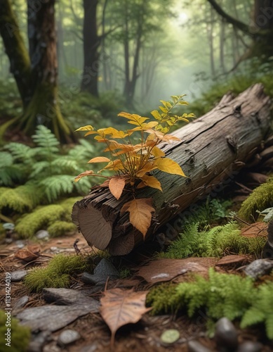 Sassafras albidum sapling growing near a fallen log with moss and ferns surrounding it, moss, ferns, woodland scene photo