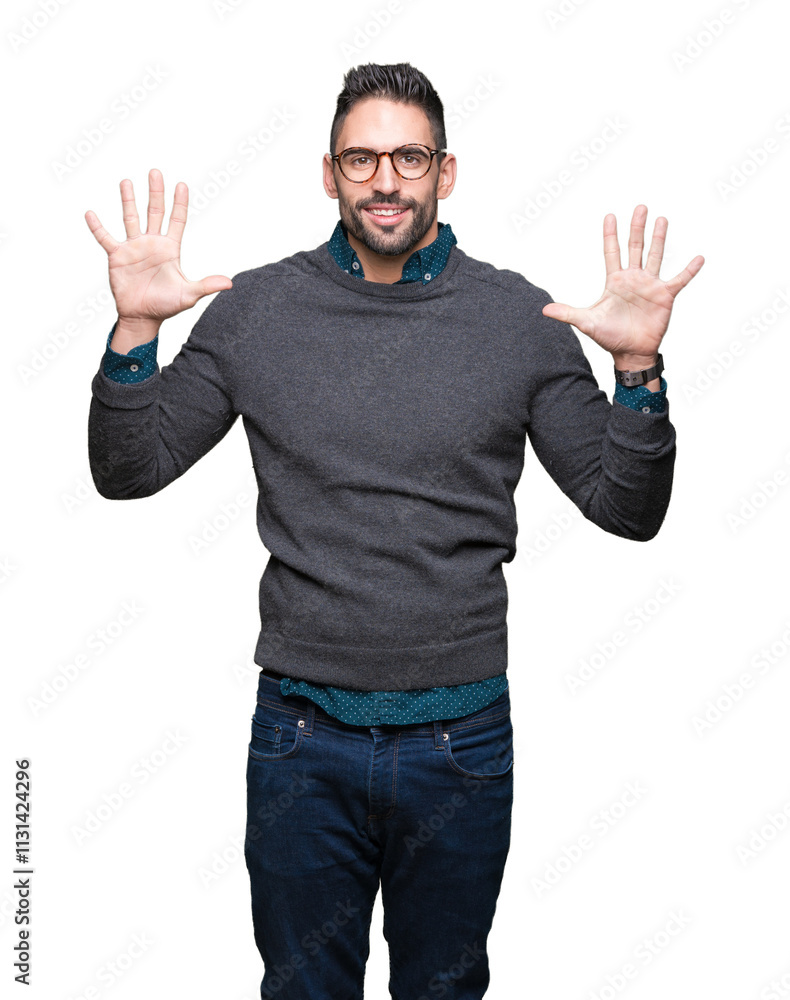Φωτογραφία Young handsome man wearing glasses over isolated background showing and pointing up with fingers number ten while smiling confident and happy