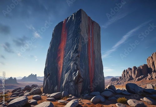 A large granite monolith jutting out from the earth against a deep blue sky, natural formation, terrain, landscape photo