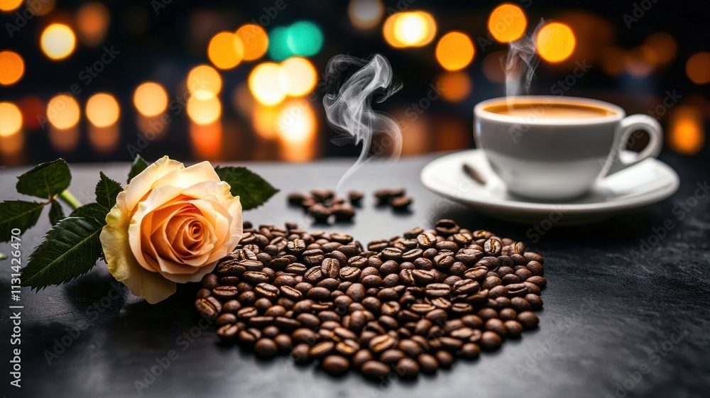 Fototapeta premium A romantic coffee setting featuring a steaming cup, rose, and heart-shaped coffee beans against a blurred background.