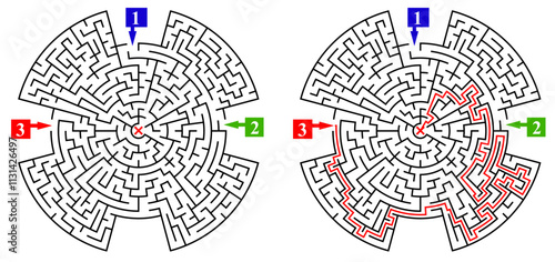 Circular labyrinth with many entrances. Find the right way and reach the center of the maze. Mental educational game template with clue. Vector illustration