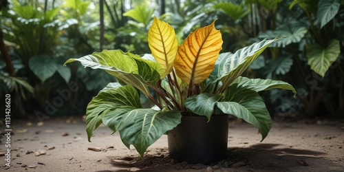 Alocasia gageana Albo Variegated plant in natural environment , tropical jungle, photo