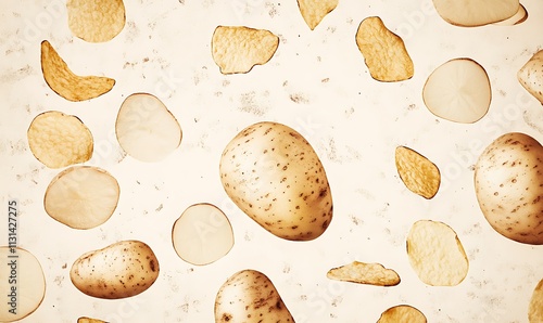 Potatoes and potato chips arranged on a light background photo