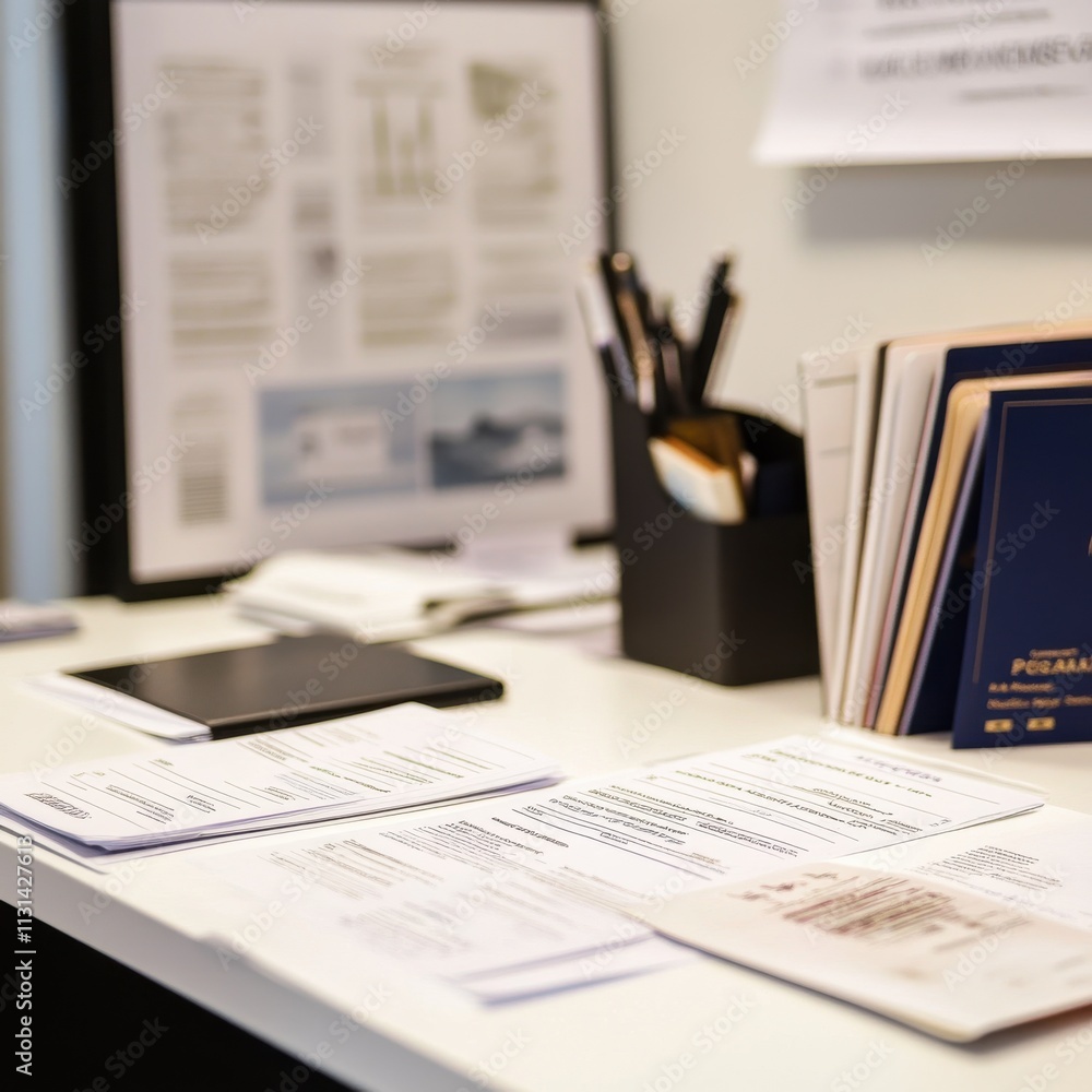 Fototapeta premium Consular officer's workspace featuring documents and office supplies in a professional setting