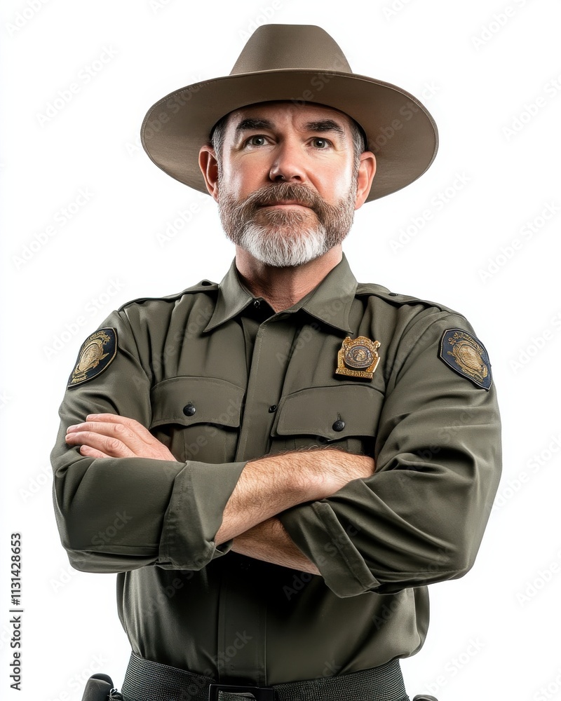 Obraz premium Park ranger stands confidently with arms crossed, showcasing authority and commitment to conservation in a natural setting