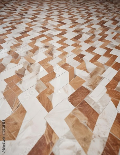 Herringbone patterned tile floor with subtle brown undertones and crisp white accents, home, traditional, cottage photo