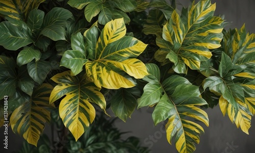 Large waxy leaves with yellow and green stripes, spathacea, unique, yellow photo