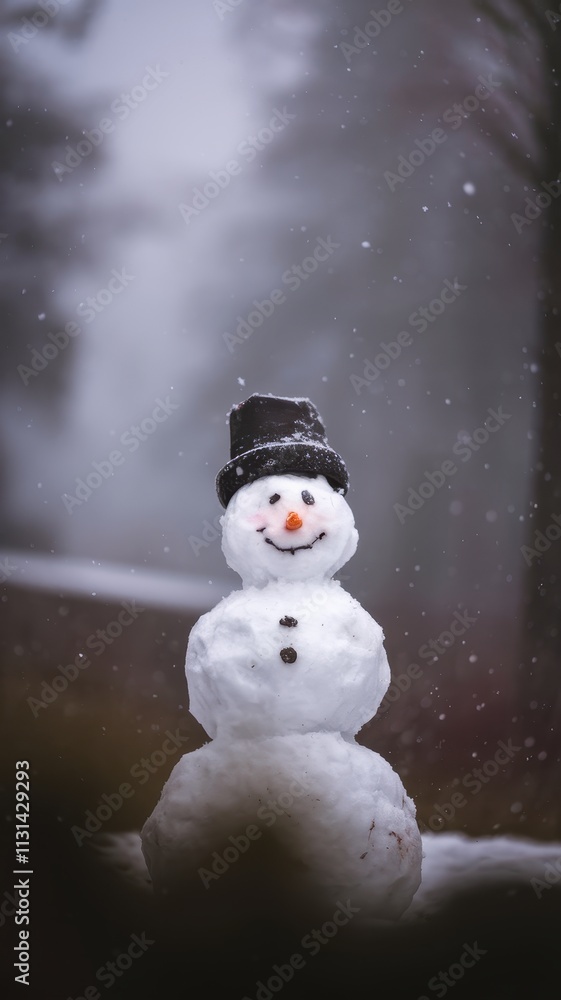 Obraz premium Traditional snowman with black hat and carrot nose in snowy backdrop