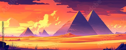 Sunset Pyramids Vibrant Digital Painting of Desert Landscape