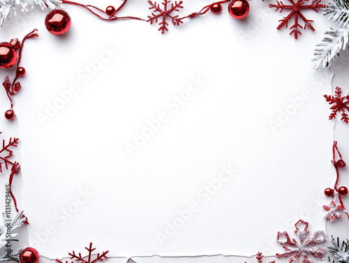 White background bordered by red ornaments holly leaves and silver snowflakes for a festive design photo