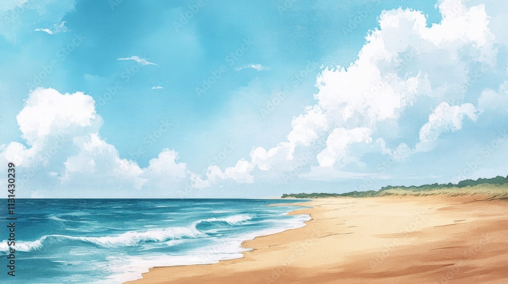 Obraz premium Serene Seascape Watercolor Beach Scene with Blue Sky and Rolling Waves