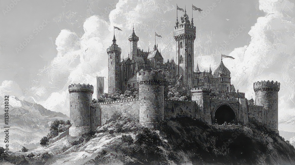 Naklejka premium Ethereal Kingdom. Dreamy castle in the clouds concept