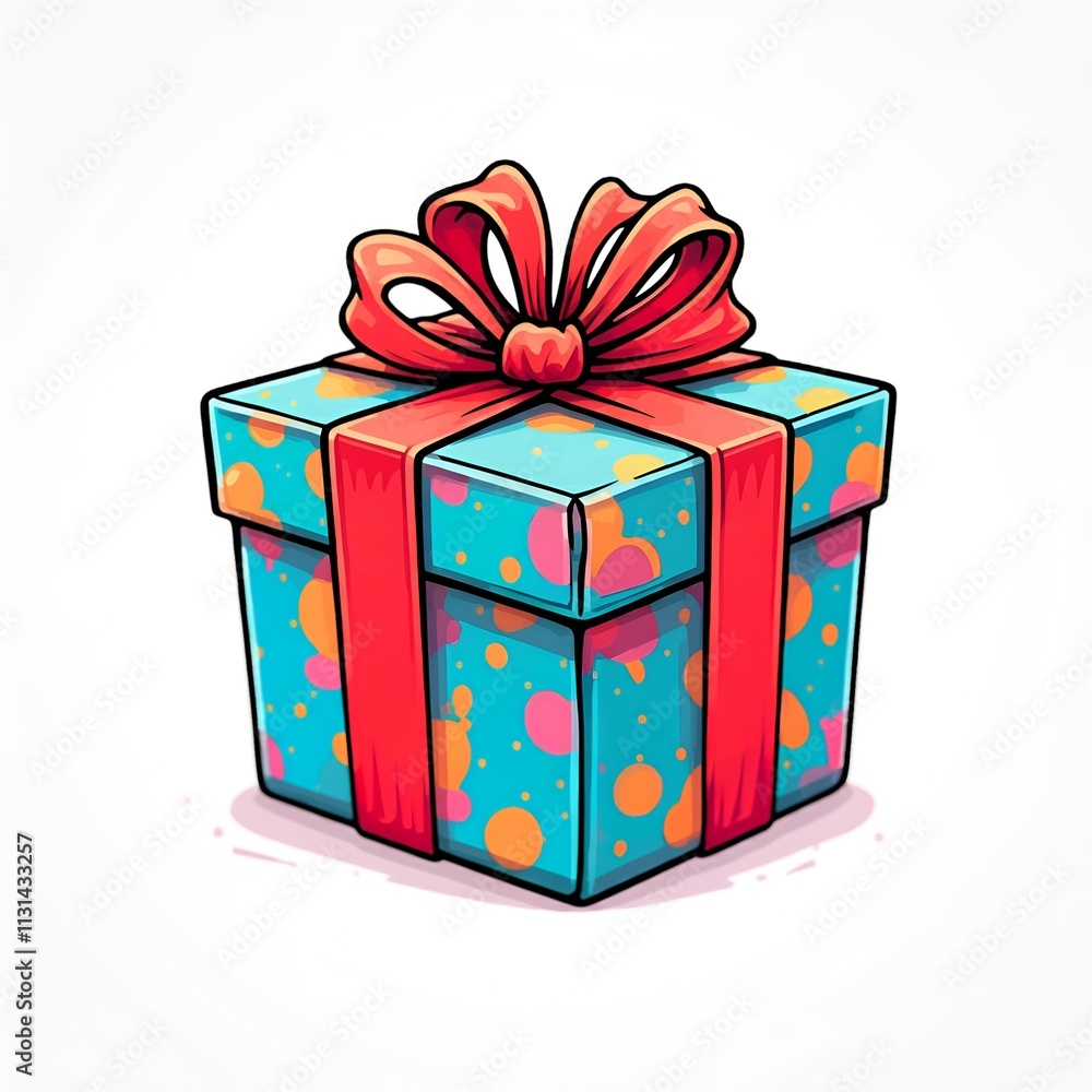 Fototapeta premium A blue square gift box with colorful polka dots and a bright red ribbon, slightly tilted to highlight its 3D shape and evoke surprise.