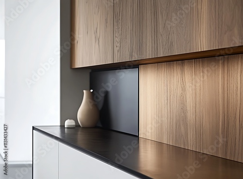 A close-up of a white wall with a sleek digital clock and touch control panel, blurred living room in the background photo